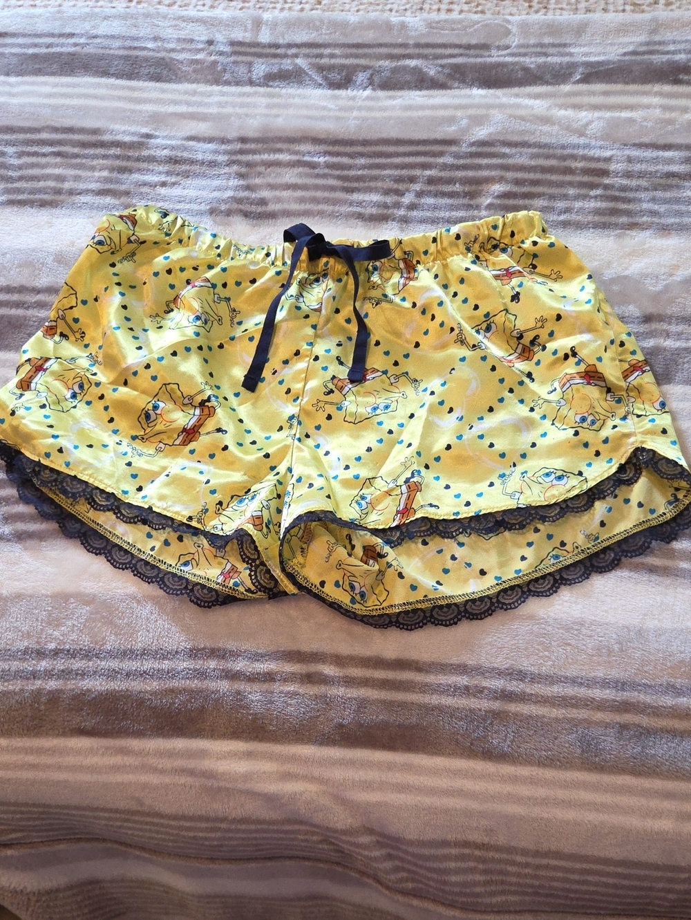 Yellow Satin Women's Pajama Shorts with Black ILace Trim and Bow Accent